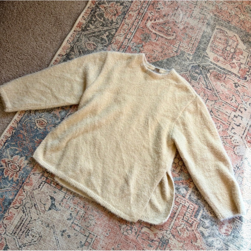 H&M Women's S Oversized Fuzzy Metallic Sparkle Side Slit Crew Neck Sweater Beige
